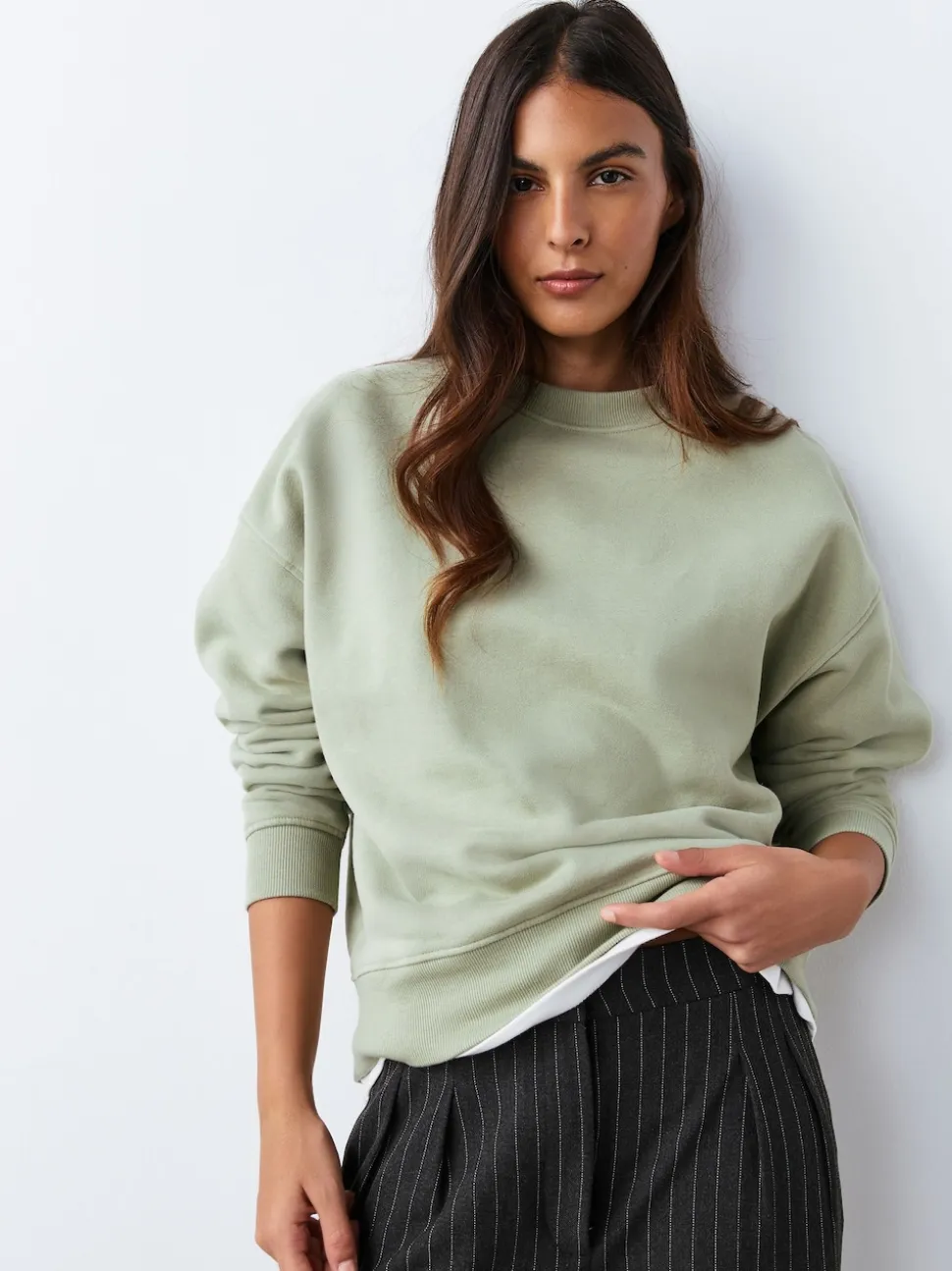 Sage Green Supersoft Peached Essentials Crew Neck Seam Detail Sweatshirt