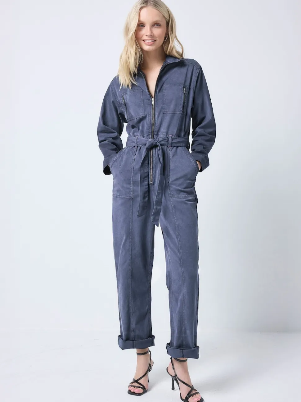 SCAMP & DUDE Blue Tie Front Tencel Boiler Jumpsuit