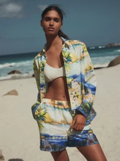 Scenic Print Elasticated Waist Shorts with Linen