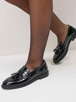 Schuh Black Wide Fit Layne Patent Tassel Loafers