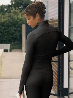 self. Black Long Sculpting Zip Through Jacket