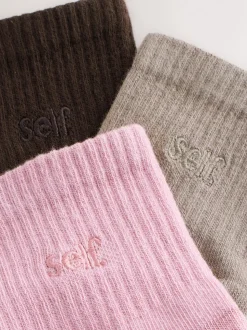 self. Black/Pink/Mocha Brown Cropped Ankle Embroidered Logo Gripper Socks 3 Pack