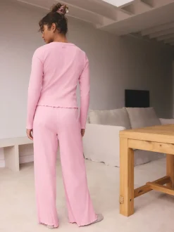 self. Bright Pink Ribbed Button Through Pyjamas