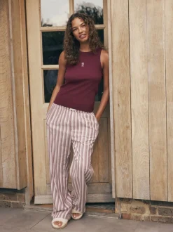 self. Burgundy Red Stripe Ribbed Vest Top and Long Leg Pyjamas Set