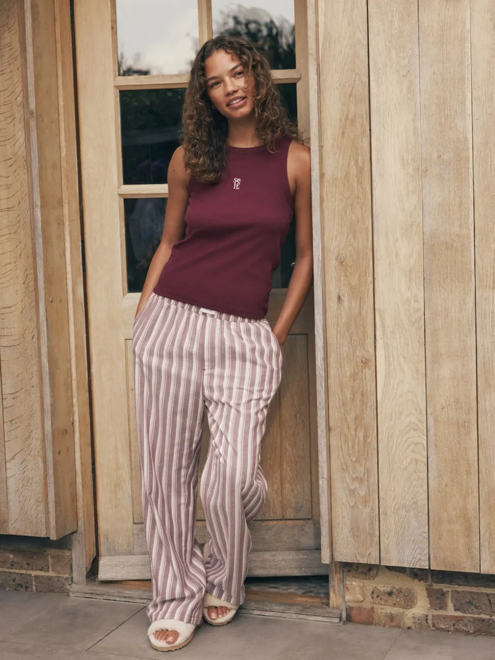 self. Burgundy Red Stripe Ribbed Vest Top and Long Leg Pyjamas Set