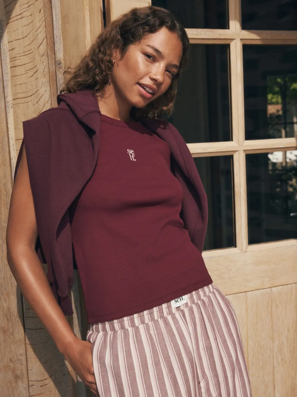 self. Burgundy Red Stripe Ribbed Vest Top and Long Leg Pyjamas Set