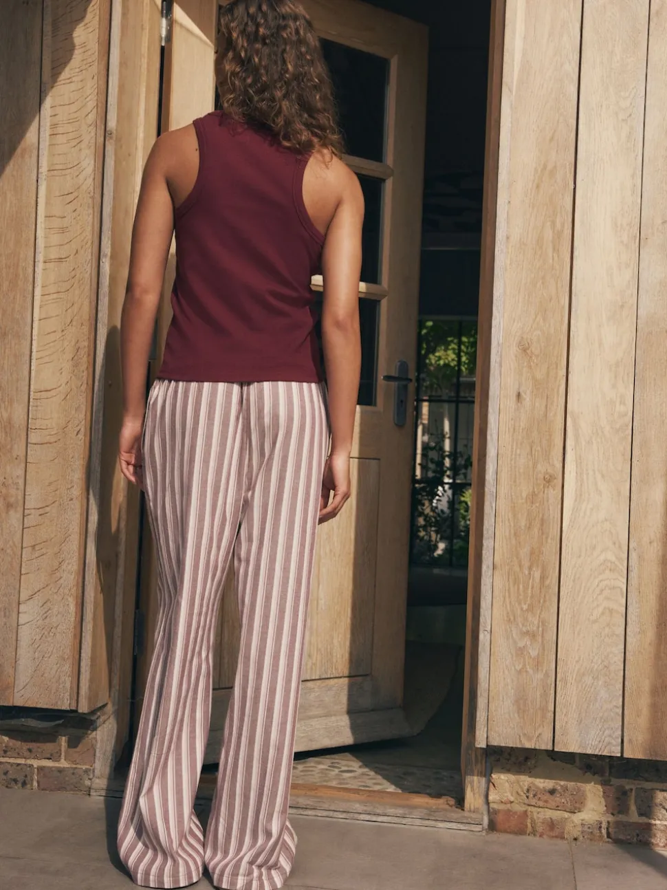 self. Burgundy Red Stripe Ribbed Vest Top and Long Leg Pyjamas Set