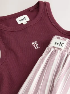 self. Burgundy Red Stripe Ribbed Vest Top and Long Leg Pyjamas Set