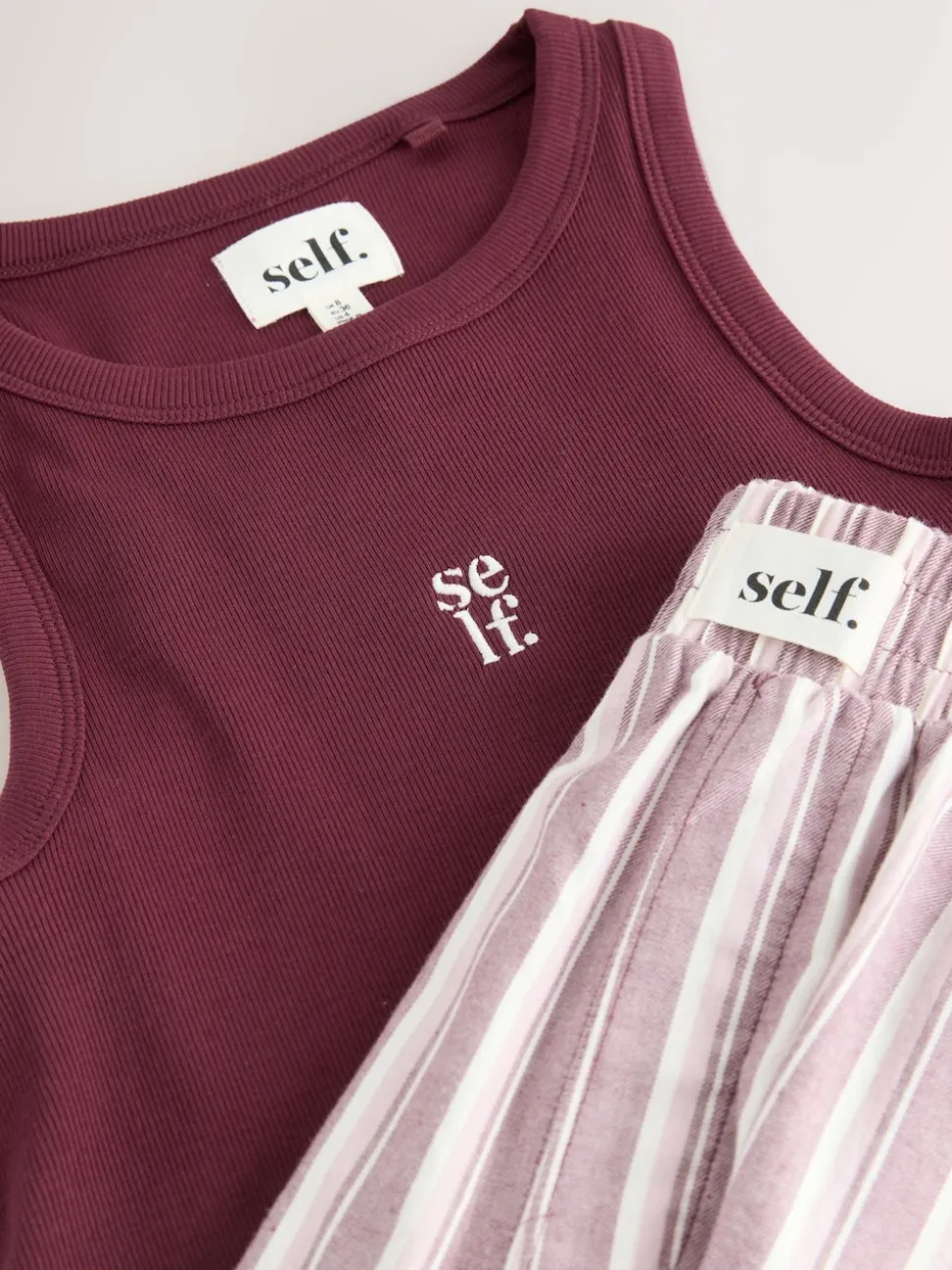 self. Burgundy Red Stripe Ribbed Vest Top and Long Leg Pyjamas Set