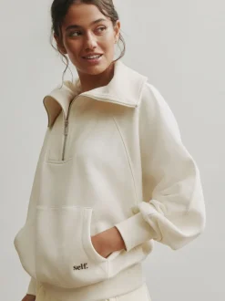 self. Ecru Half Zip Collar Sweatshirt