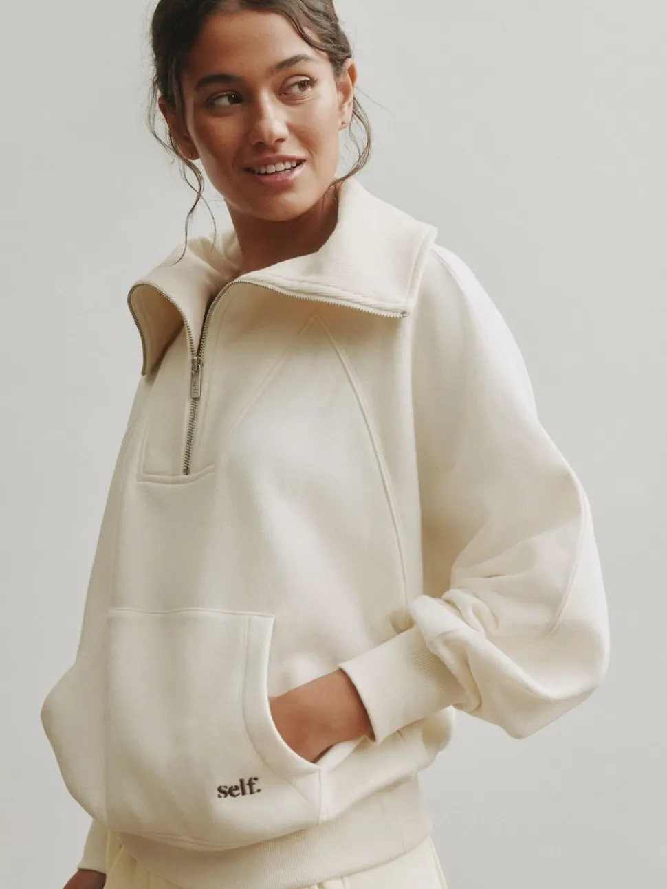 self. Ecru Half Zip Collar Sweatshirt