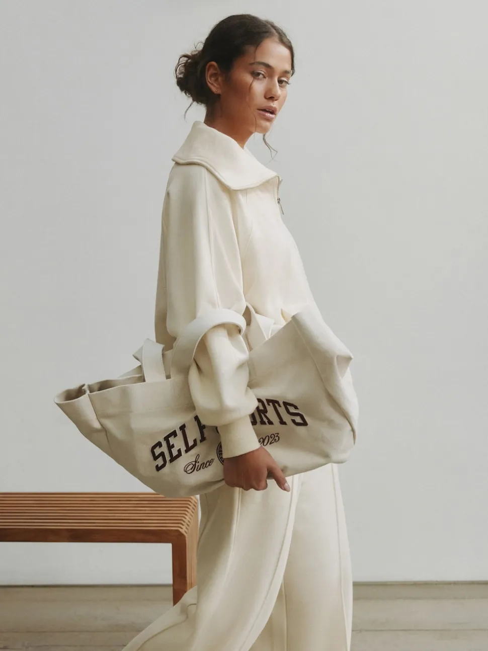self. Ecru Half Zip Collar Sweatshirt