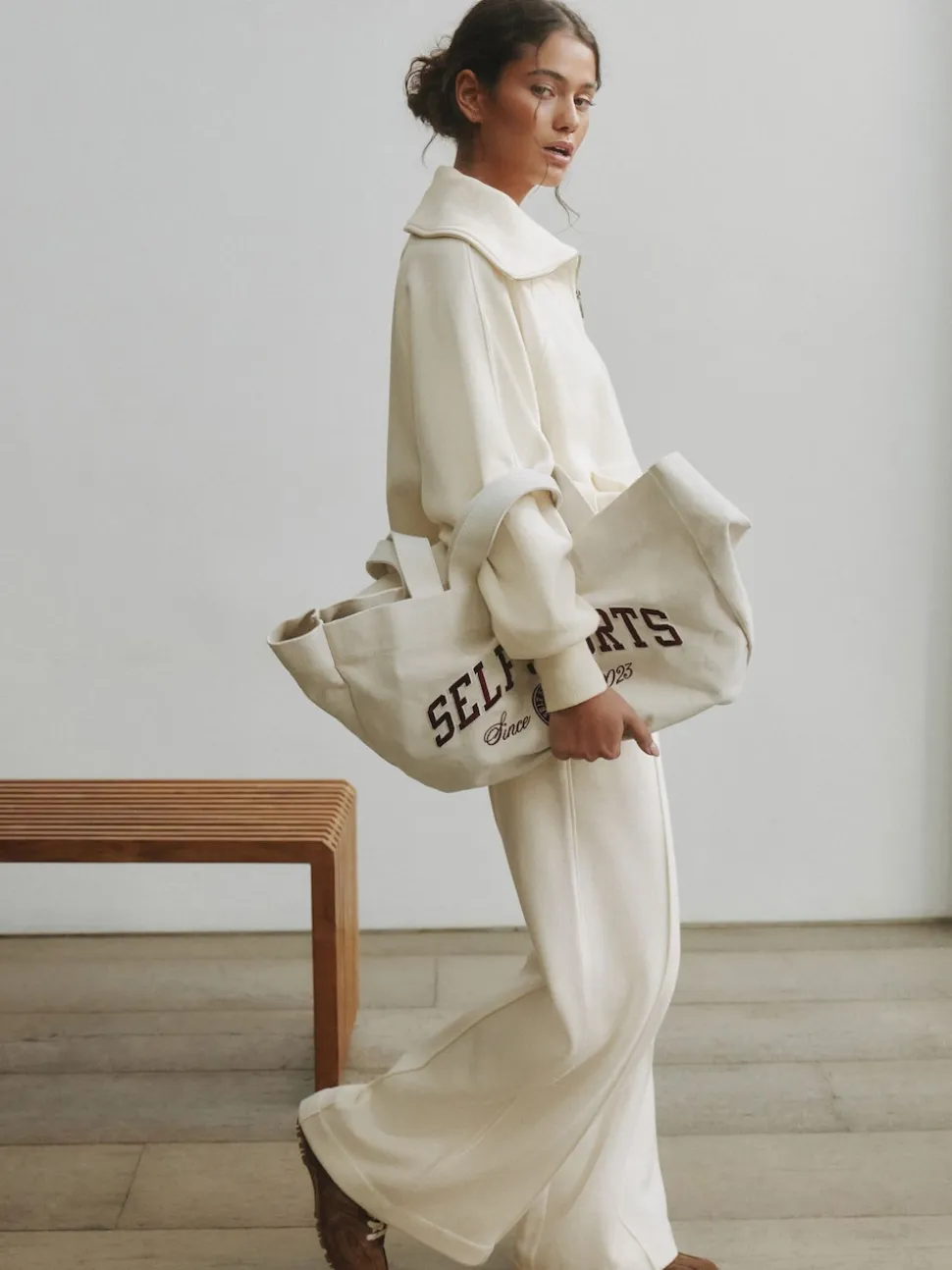 self. Ecru Half Zip Collar Sweatshirt