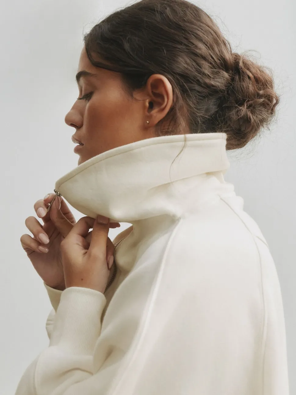 self. Ecru Half Zip Collar Sweatshirt
