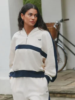 self. Ecru/Navy Half Zip Fleece Top