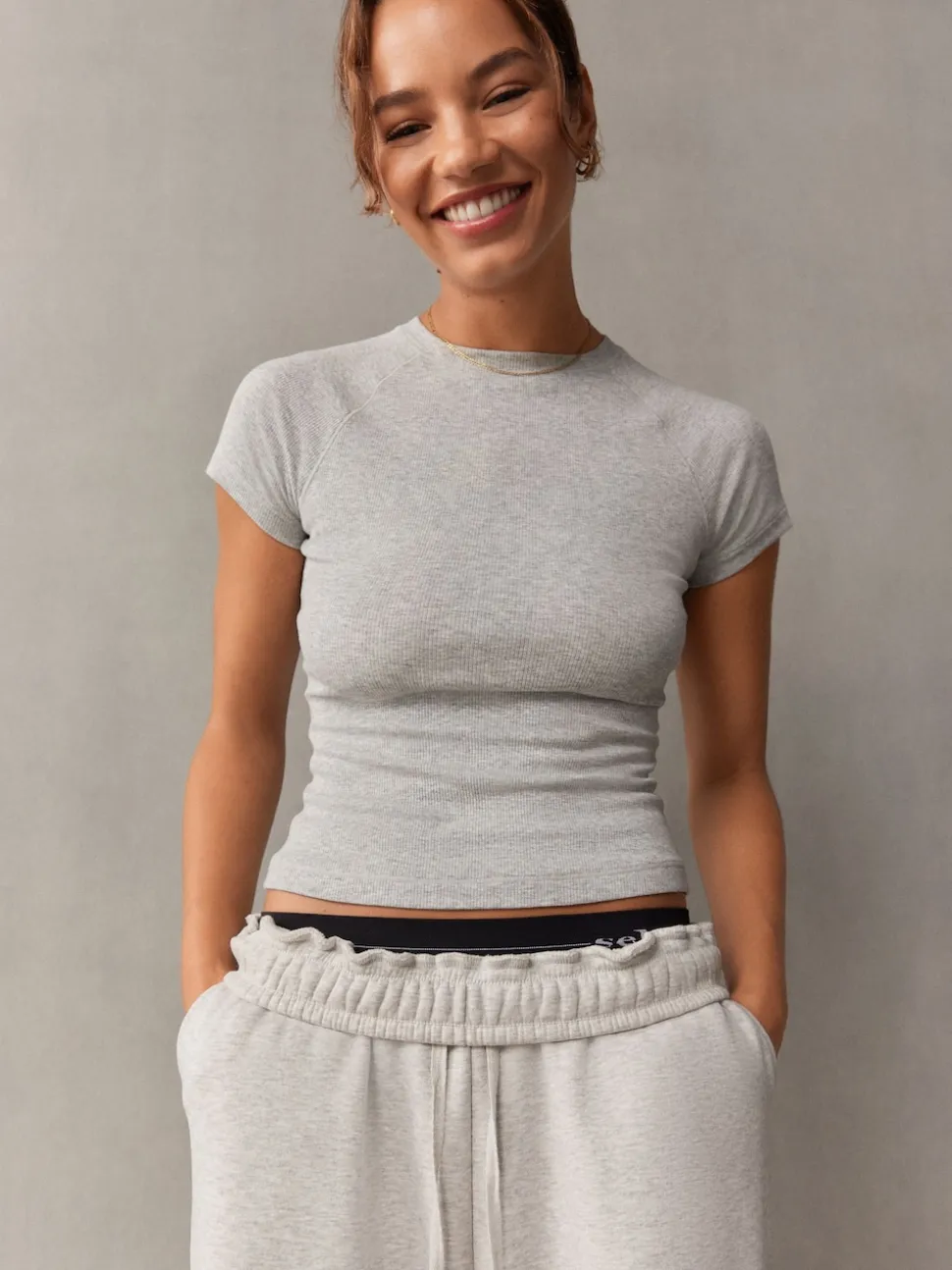 self. Grey Fitted Rib T-Shirt