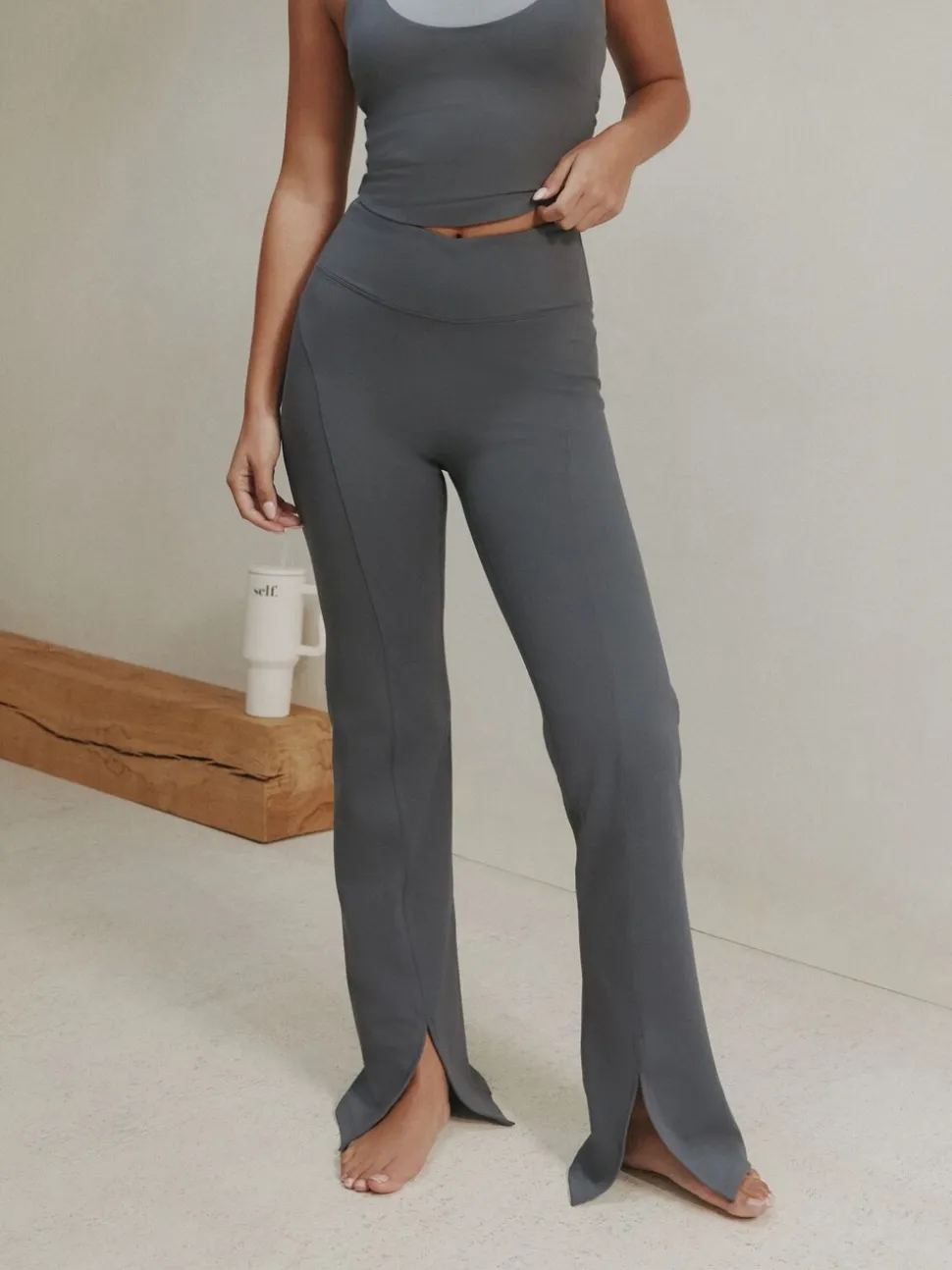 self. Grey High Waist Flared Leggings