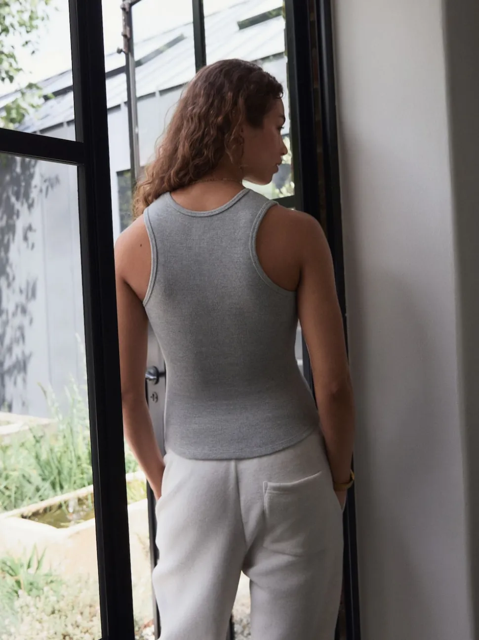 self. Grey Marl Cotton Rib Scoop Neck Vest