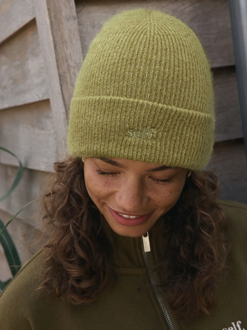 self. Lime Green Knitted Beanie Hat