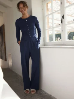 self. Navy Ribbed Button Through Pyjamas