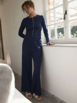self. Navy Ribbed Button Through Pyjamas