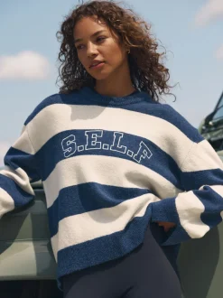 self. Navy Stripe Knit Jumper