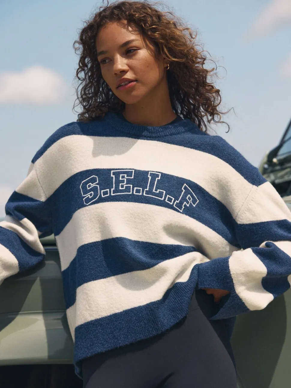self. Navy Stripe Knit Jumper