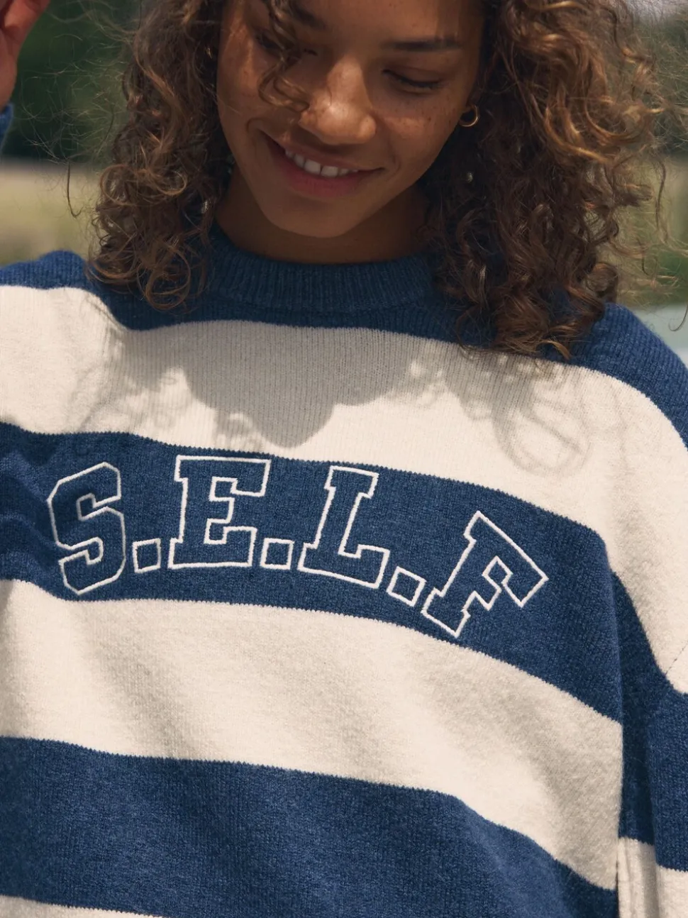 self. Navy Stripe Knit Jumper