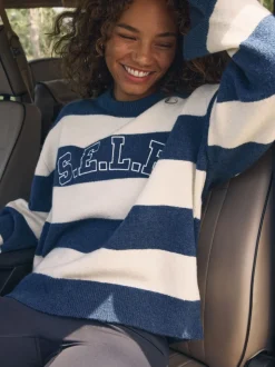 self. Navy Stripe Knit Jumper
