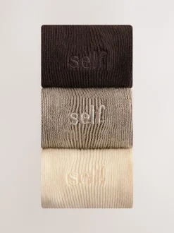 self. Neutral/Cream/Chocolate Lettuce Welt Embroidered Ankle Socks 3 Pack