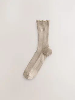 self. Neutral/Cream/Chocolate Lettuce Welt Embroidered Ankle Socks 3 Pack