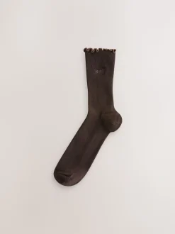 self. Neutral/Cream/Chocolate Lettuce Welt Embroidered Ankle Socks 3 Pack