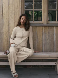 self. Oatmeal Ribbed Button Through Pyjamas