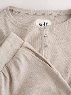 self. Oatmeal Ribbed Button Through Pyjamas