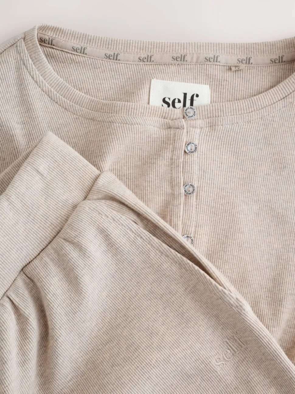 self. Oatmeal Ribbed Button Through Pyjamas