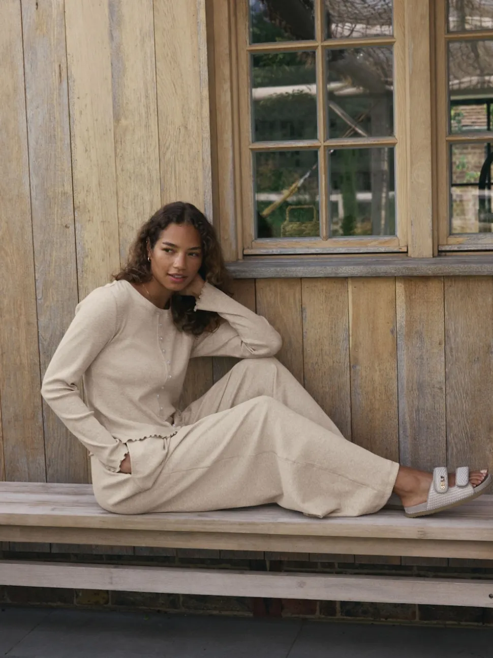 self. Oatmeal Ribbed Button Through Pyjamas