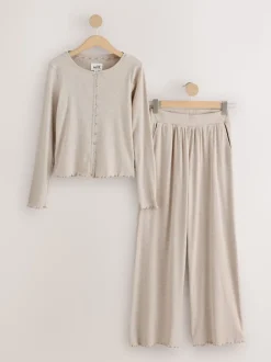 self. Oatmeal Ribbed Button Through Pyjamas