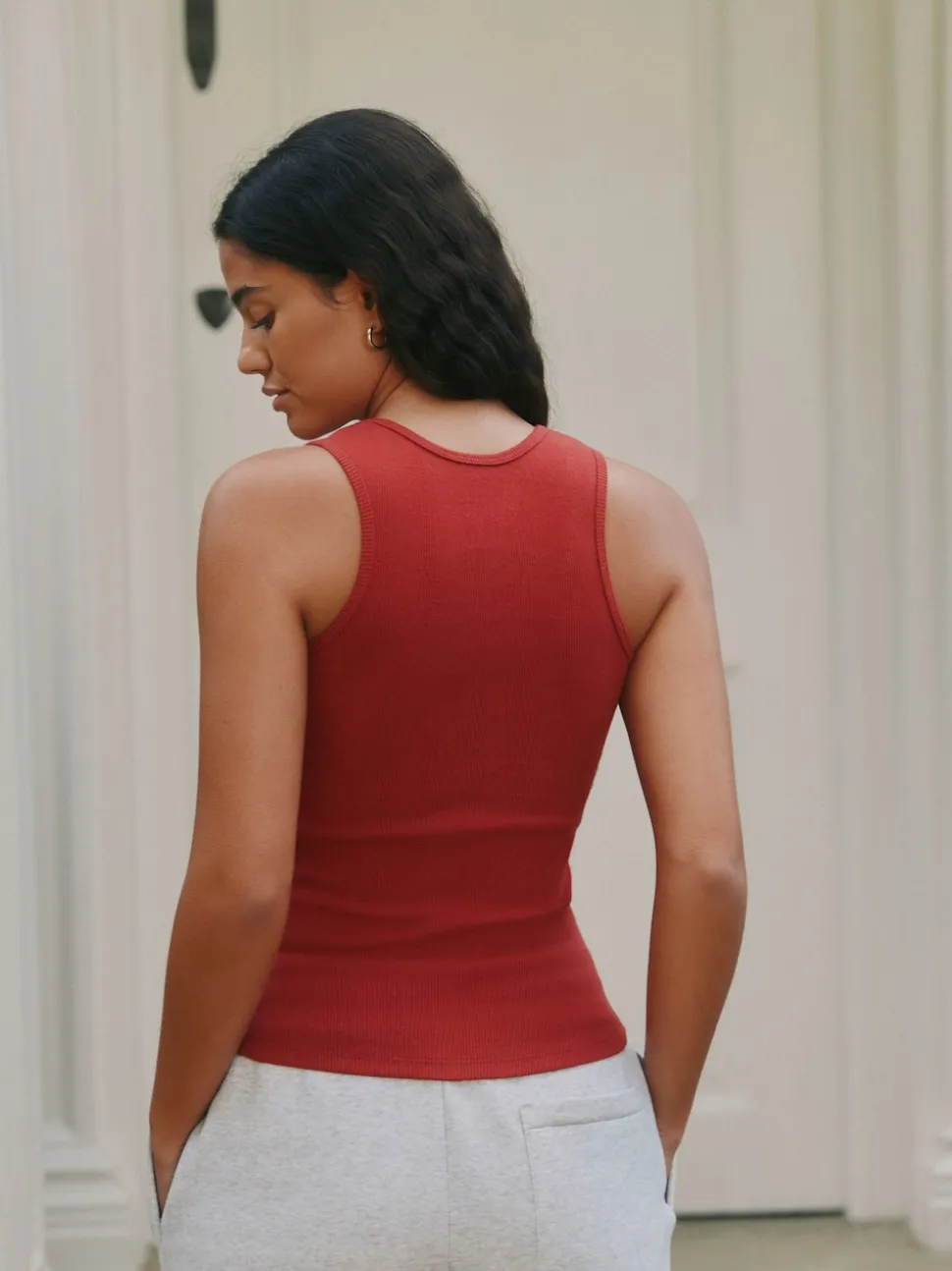 self. Red Cotton Rib Scoop Neck Vest