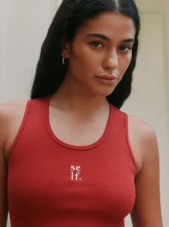 self. Red Cotton Rib Scoop Neck Vest
