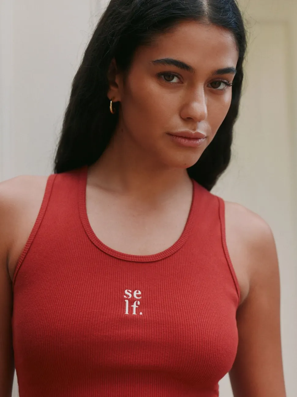 self. Red Cotton Rib Scoop Neck Vest