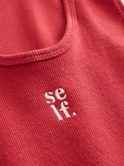 self. Red Cotton Rib Scoop Neck Vest