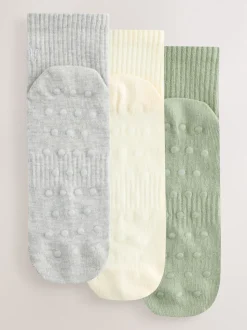 self. Sage Green/Cream/Grey Cropped Ankle Embroidered Logo Gripper Socks 3 Pack