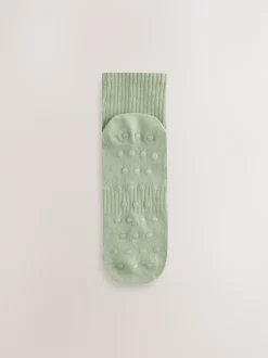 self. Sage Green/Cream/Grey Cropped Ankle Embroidered Logo Gripper Socks 3 Pack