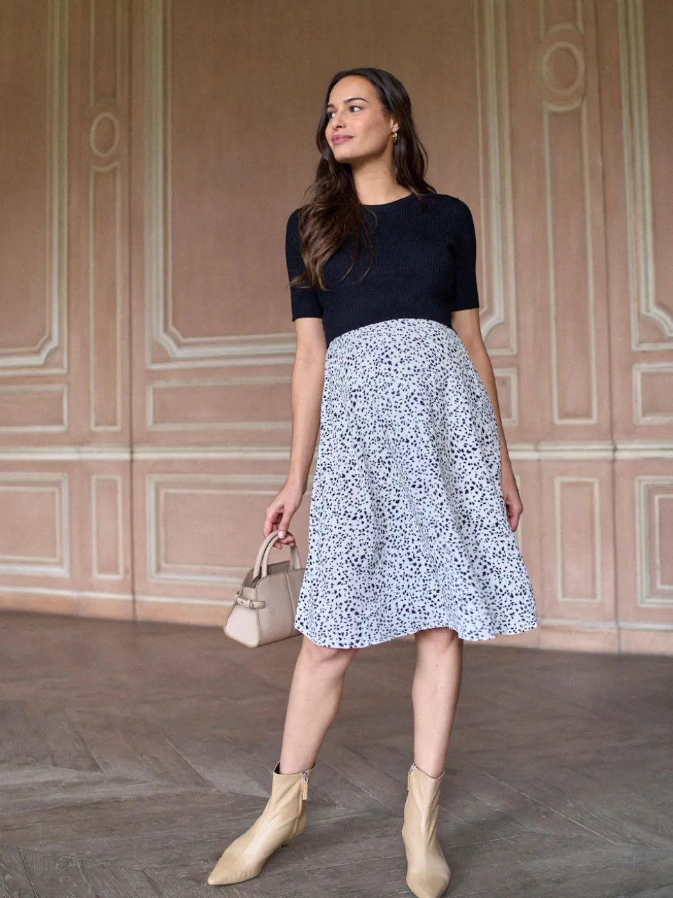 Seraphine Black & White Printed Maternity & Nursing Knit Top Dress