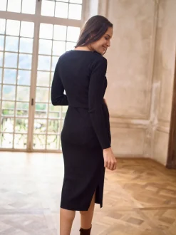 Seraphine Black Crew Neck Layered Knit Maternity Dress