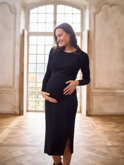 Seraphine Black Crew Neck Layered Knit Maternity Dress