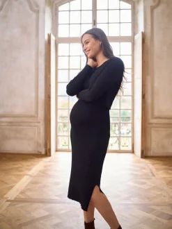 Seraphine Black Crew Neck Layered Knit Maternity Dress