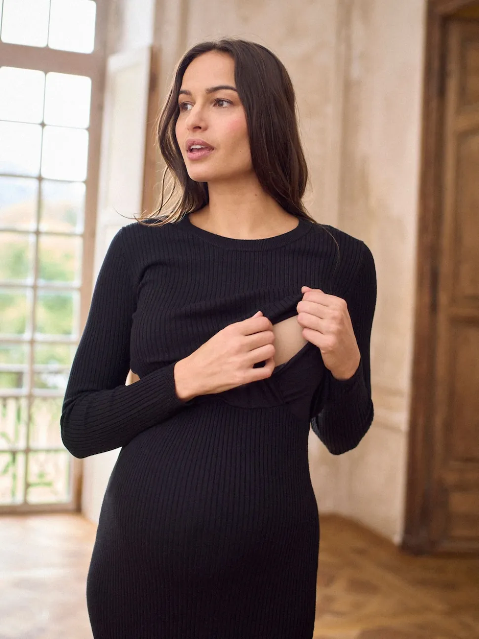Seraphine Black Crew Neck Layered Knit Maternity Dress