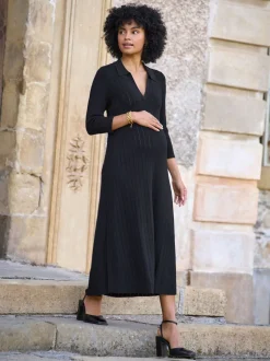 Seraphine Black Maternity Pointelle Knit Dress