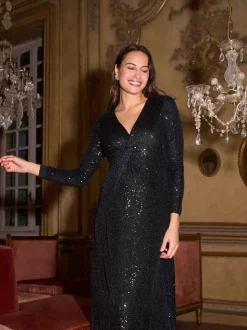 Seraphine Black Sparkle Knot Front Sequin Maternity Maxi Dress